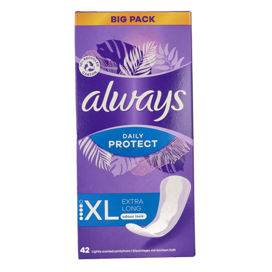 Box of Always Inlegkruisjes daily protect extra long sanitary pads, 42 pieces, designed for women’s everyday protection.