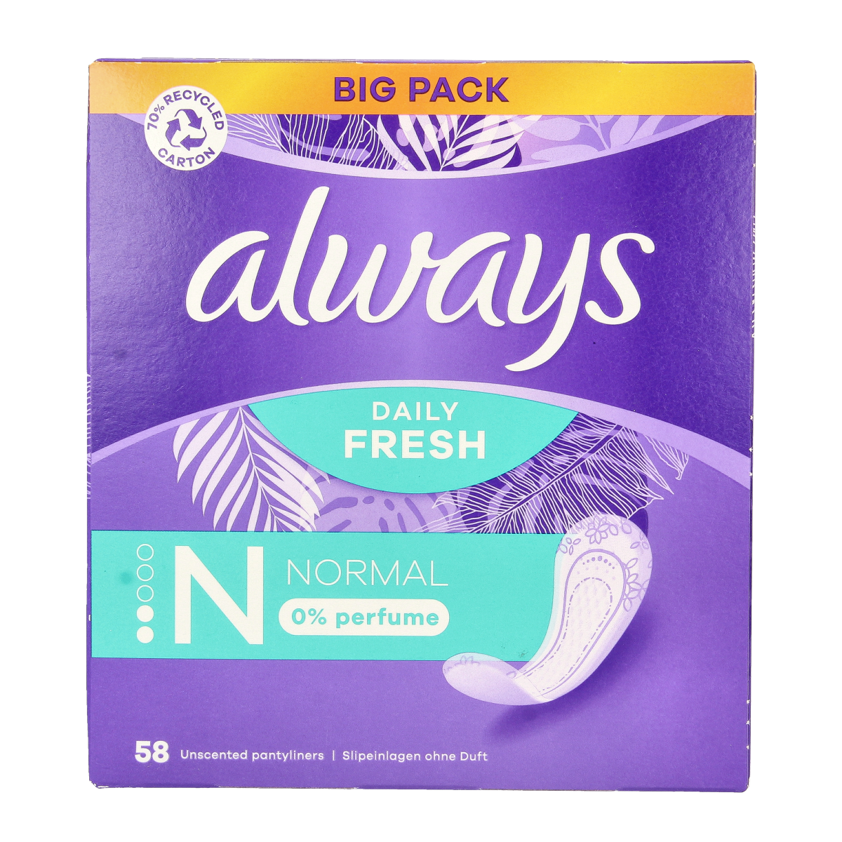 Always Inlegkruisjes daily fresh normaal women’s panty liners, pack of 58, with soft, breathable material and discreet design.