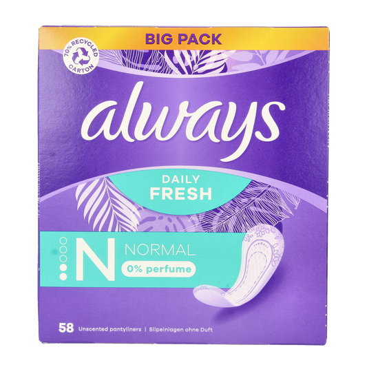 Always Inlegkruisjes daily fresh normaal women’s panty liners, pack of 58, with soft, breathable material and discreet design.