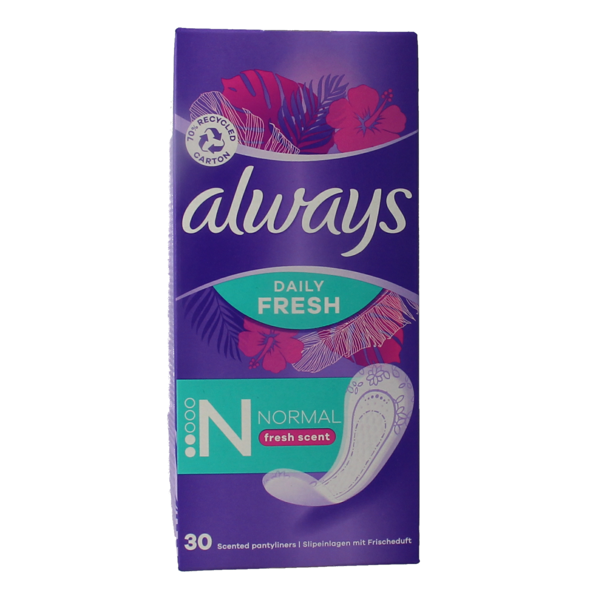 Box of Always Inlegkruisjes daily fresh normal and scented panty liners for women, 30-pack, with packaging visible.