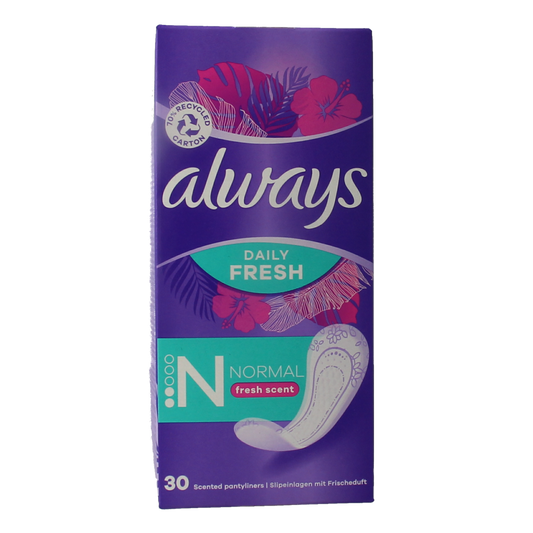 Box of Always Inlegkruisjes daily fresh normal and scented panty liners for women, 30-pack, with packaging visible.