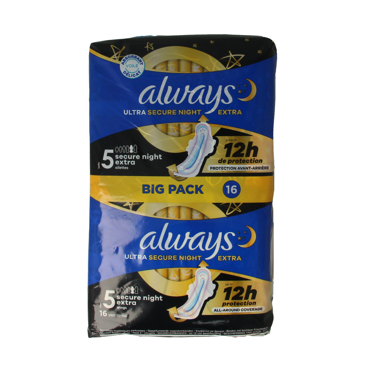 Always Maandverband Ultra Secure Night pads for women, 16-count, with secure fit for overnight protection.