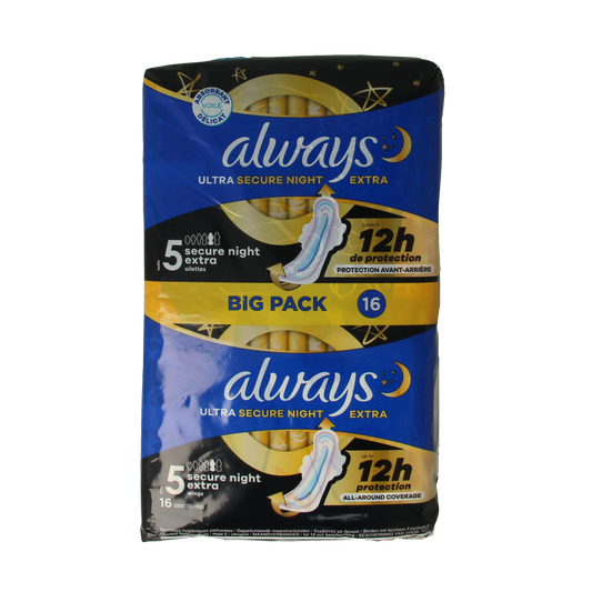Always Maandverband Ultra Secure Night pads for women, 16-count, with secure fit for overnight protection.
