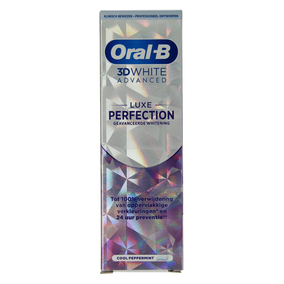 Oral B 3D White Luxe Perfection toothpaste 75ml tube, showcasing the packaging and product branding.