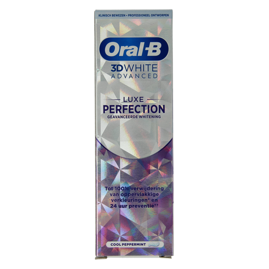 Oral B 3D White Luxe Perfection toothpaste 75ml tube, showcasing the packaging and product branding.