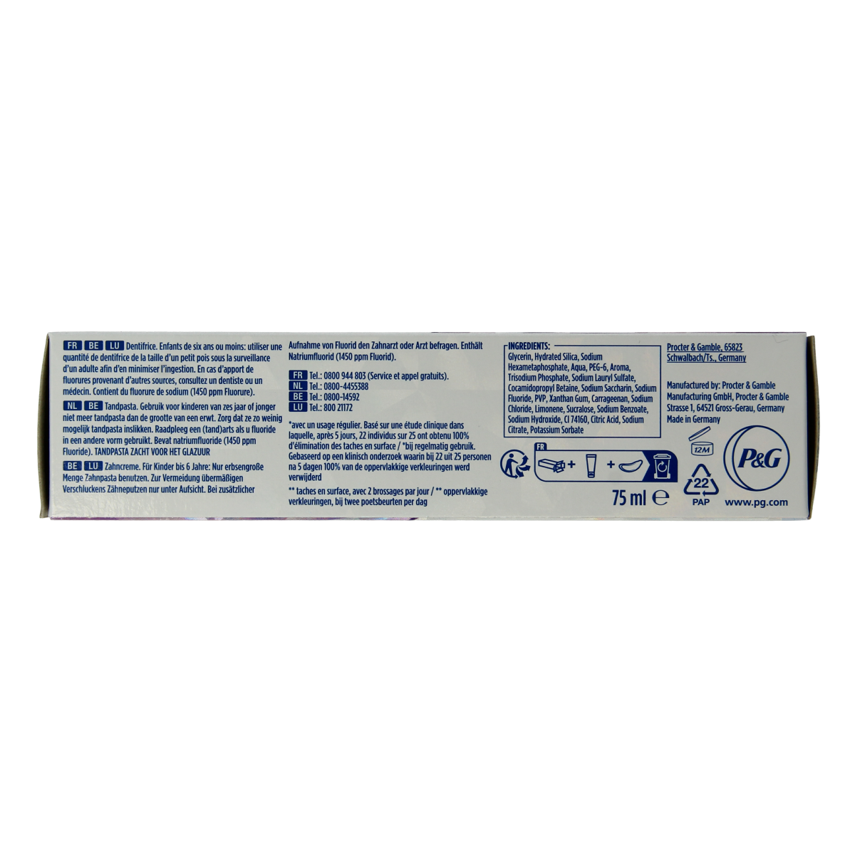 Oral B 3D White Luxe Perfection toothpaste tube, 75ml, with white and blue packaging and a flip-top cap.
