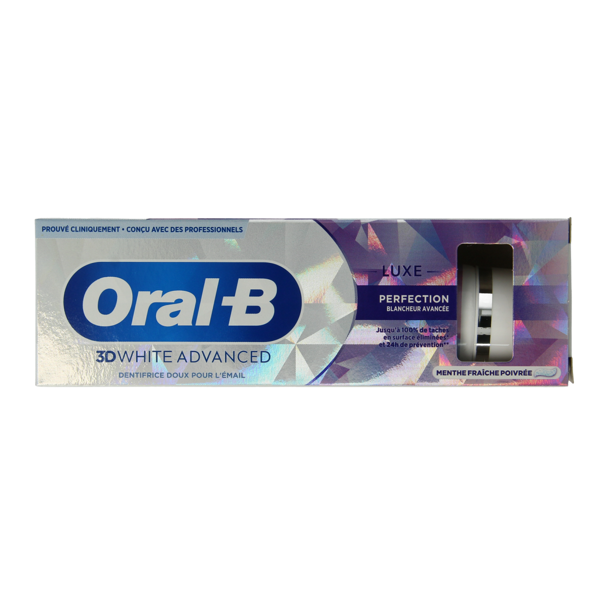 Oral B 3D White Luxe Perfection toothpaste in a 75ml tube, featuring bright packaging and a white and blue design