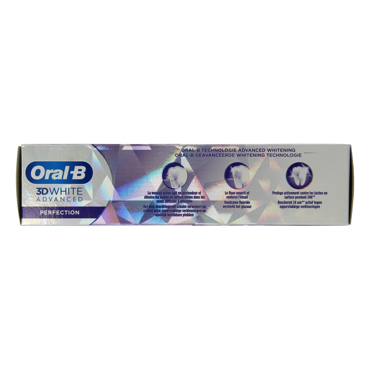 Oral B 3D White Luxe Perfection toothpaste in a 75ml tube, featuring a white and blue design and the Oral B logo.