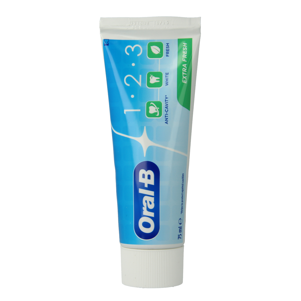 Oral B Fresh 123 toothpaste in a 75ml tube, featuring mint flavor and whitening formula for fresh breath and clean teeth.