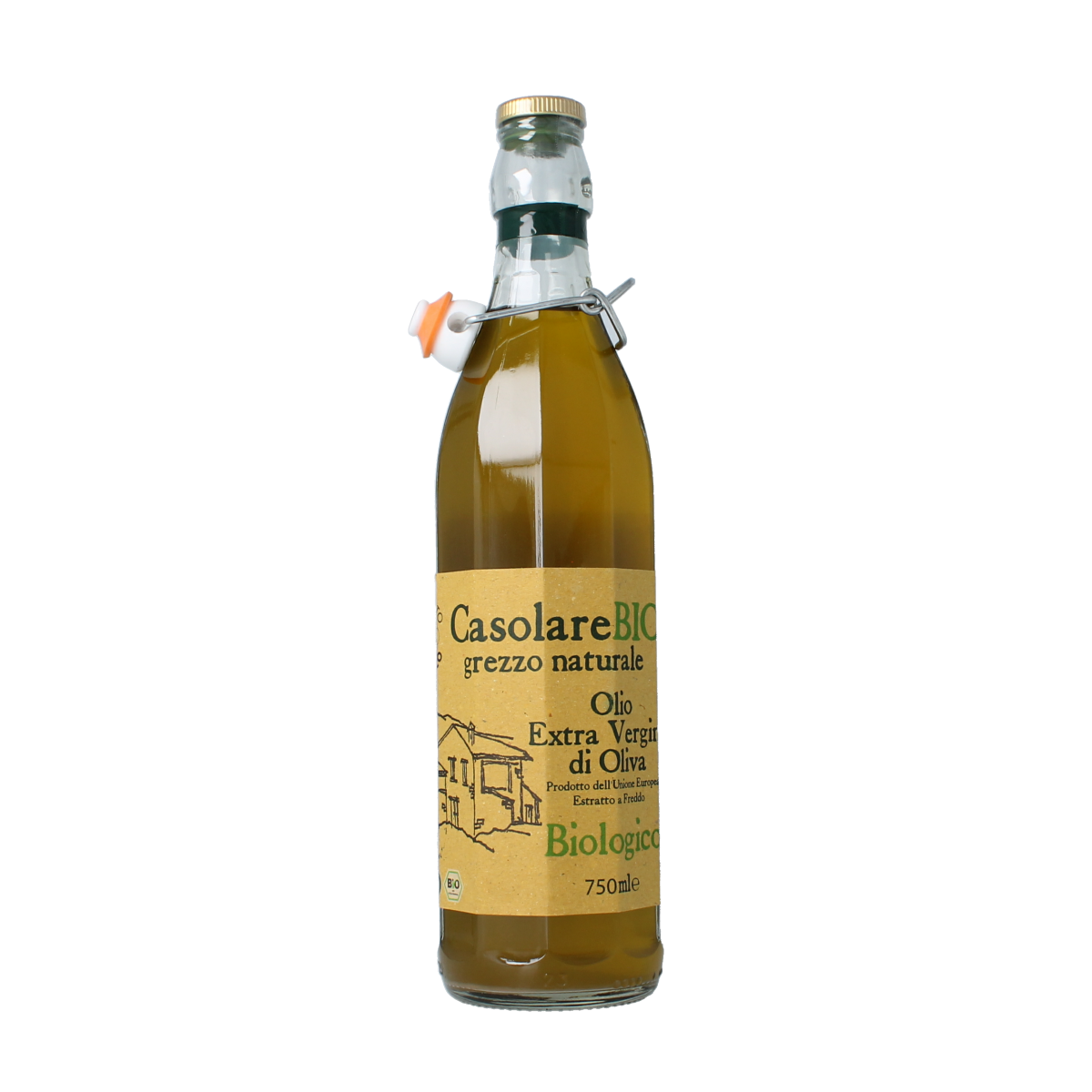 CasolareBio extra virgin unfiltered organic olive oil in a 750ml bottle, featuring a dark glass container with a label.