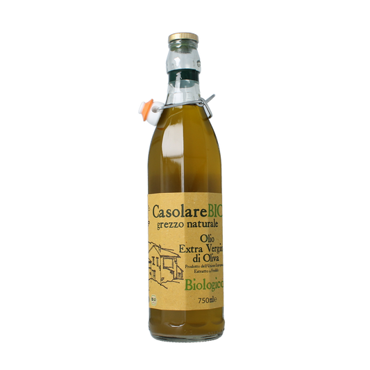 CasolareBio extra virgin unfiltered organic olive oil in a 750ml bottle, featuring a dark glass container with a label.