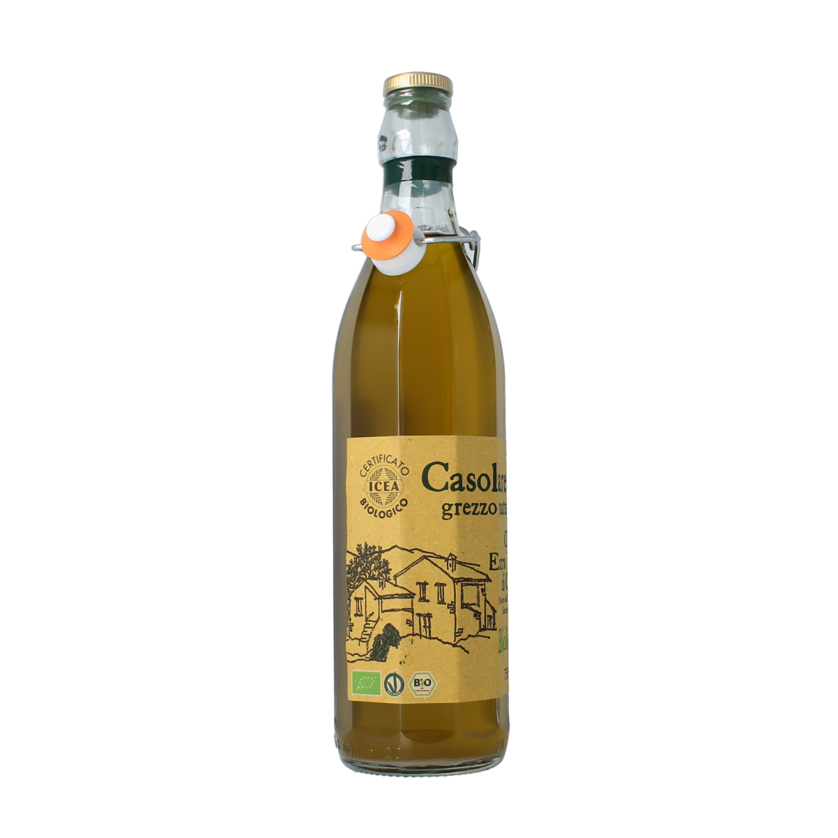 CasolareBio extra virgin unfiltered organic olive oil in a 750ml bottle, showcasing the dark glass container and golden oil inside.