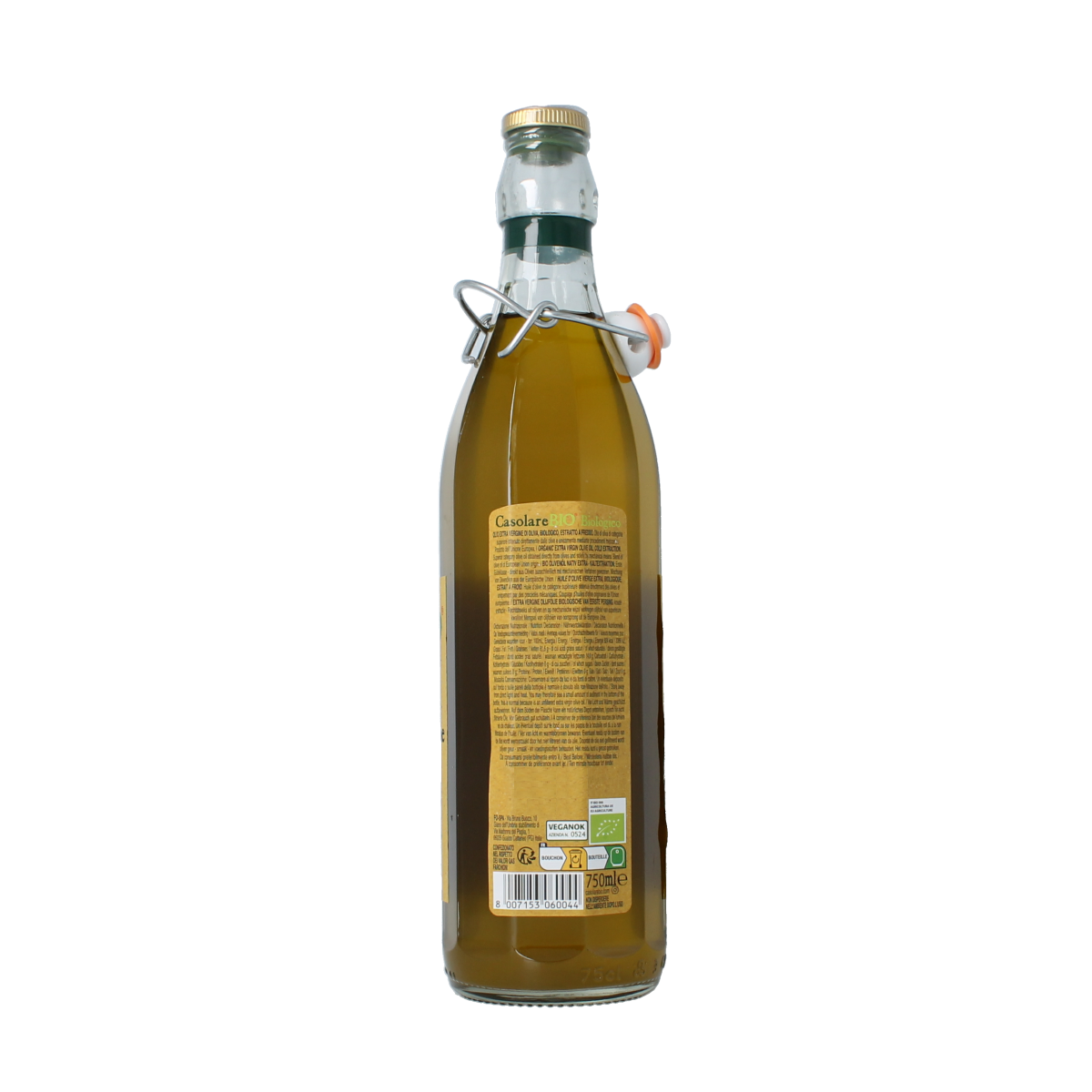 CasolareBio extra virgin, unfiltered organic olive oil in a 750ml bottle, showcasing a dark glass container and fresh olive imagery.
