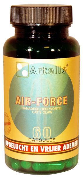 Artelle Air-force Canadese geelwortel en kattekruid capsules, kruidenpreparaten voor natuurlijke gezondheidsondersteuning.