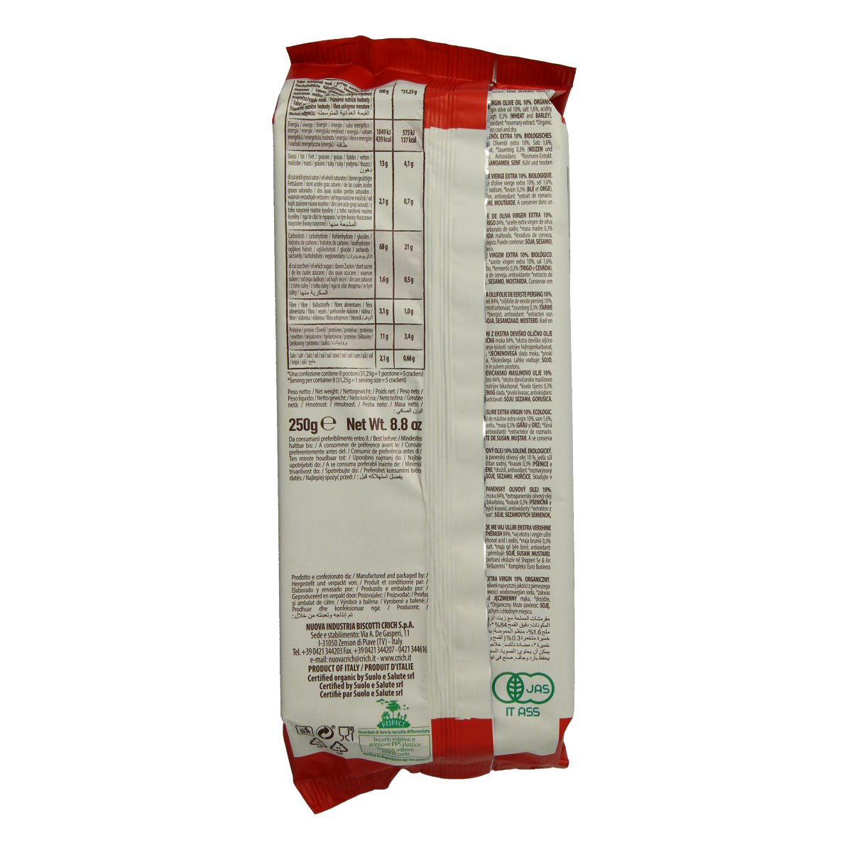 Crich Crackers with organic red salt and olive oil, 250g, crispy bread snacks in a clear package.