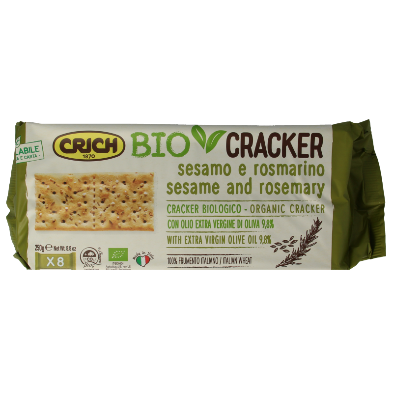 Crich sesam rozemarijn biologische crackers, 250g, with sesame seeds and rosemary on whole grain bread slices.