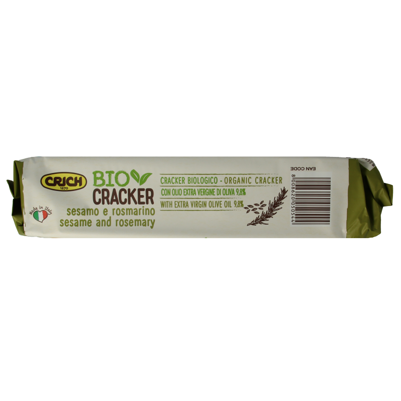 Crich Crackers sesam rozemarijn bio 250g, whole grain crackers with sesame seeds and rosemary on a rustic surface.