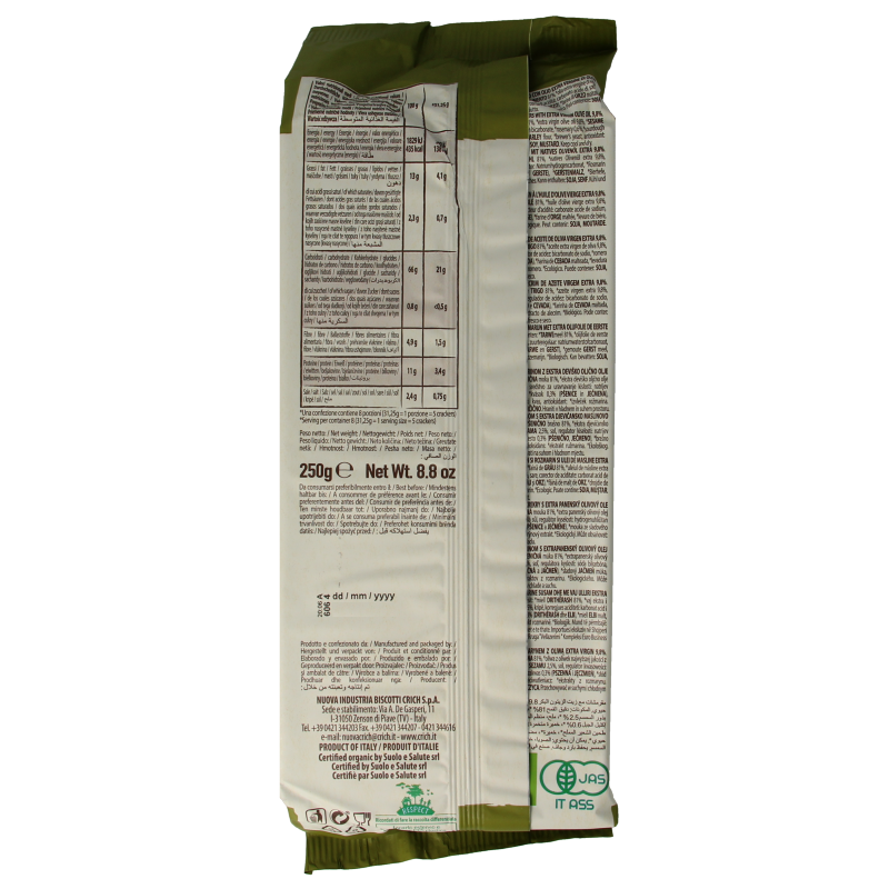 Crich Crackers sesam rozemarijn bio 250g, whole grain crackers with sesame seeds and rosemary on a rustic surface.