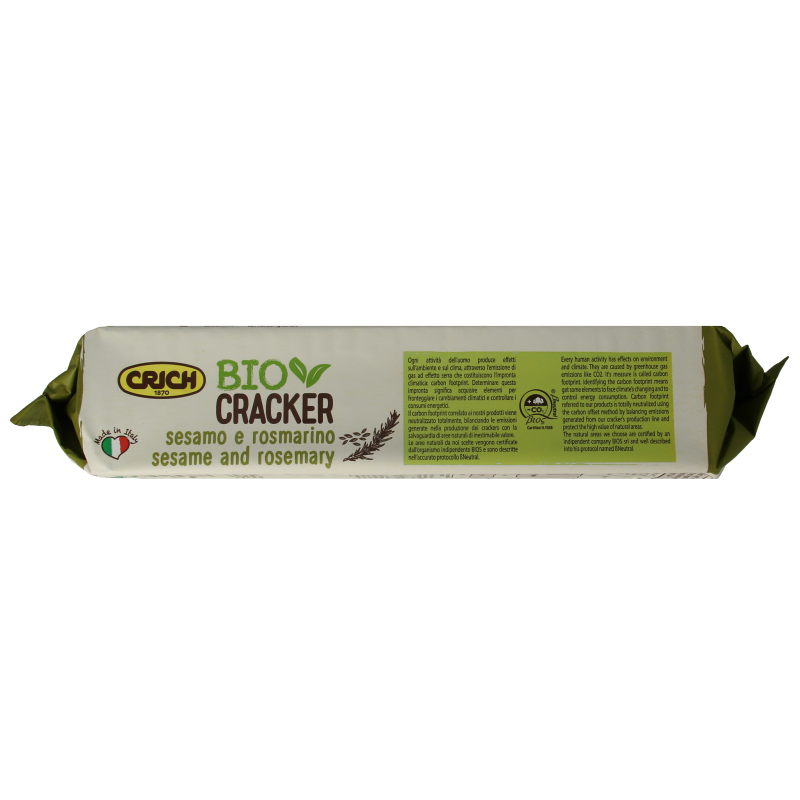 Crich Crackers sesam rozemarijn bio, 250g, featuring crispy whole grain crackers with sesame seeds and rosemary.