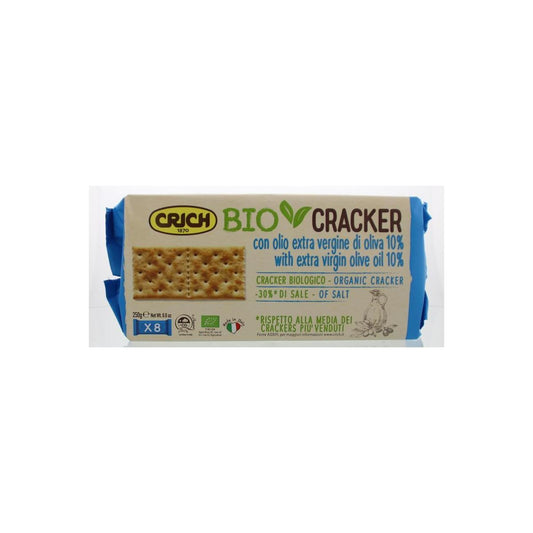 Crich Crackers olijfolie blauw bio, 250g, crispy organic crackers with blue packaging, made by Crich.