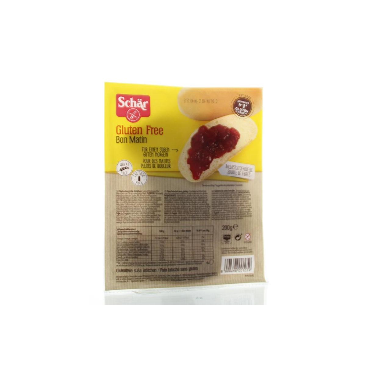 Schar Bon Matin gluten-free sweet bread rolls in a 200g package, soft and golden-brown, ideal for breakfast or snacks.