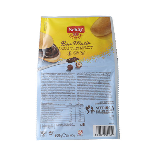 Gluten-free Schar Bon Matin sweet bread rolls in a 200g package, fresh and soft with a golden crust.