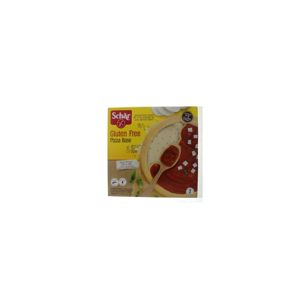 Schar gluten-free pizza base pack with two ready-to-use pizza and wraps on a white background.