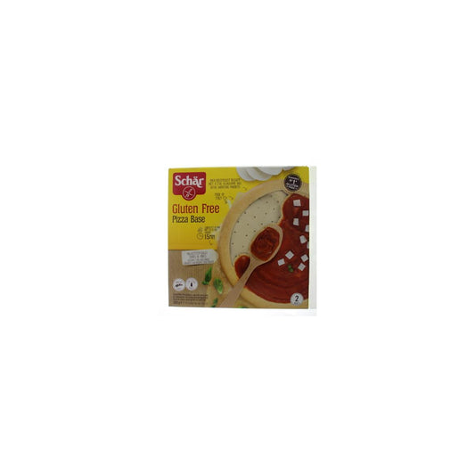 Schar gluten-free pizza base pack with two ready-to-use pizza and wraps on a white background.