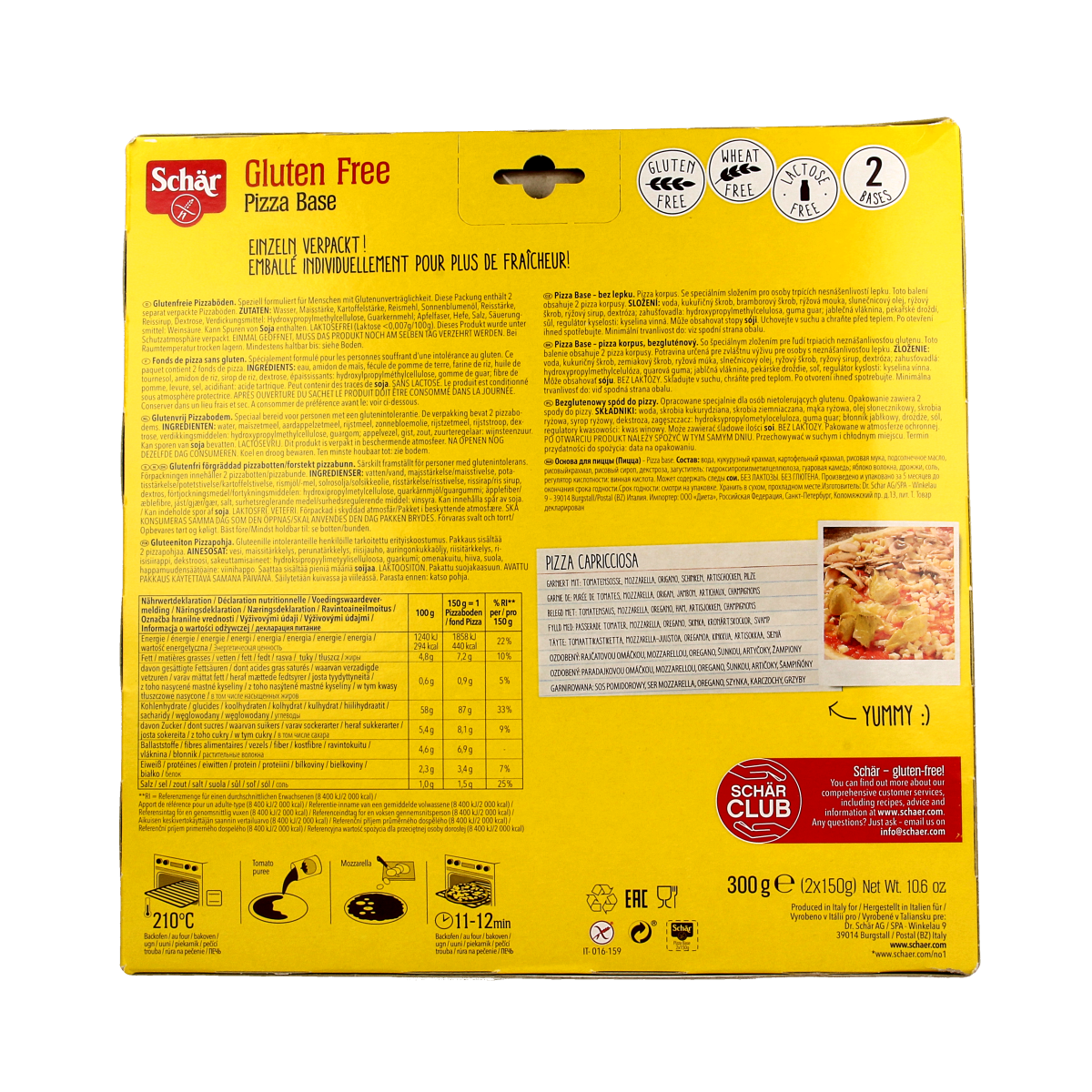 Gluten-free Schar Pizzabodems, 2-piece pack, ideal for making homemade pizza or wraps, with a crisp crust and golden-brown edges.
