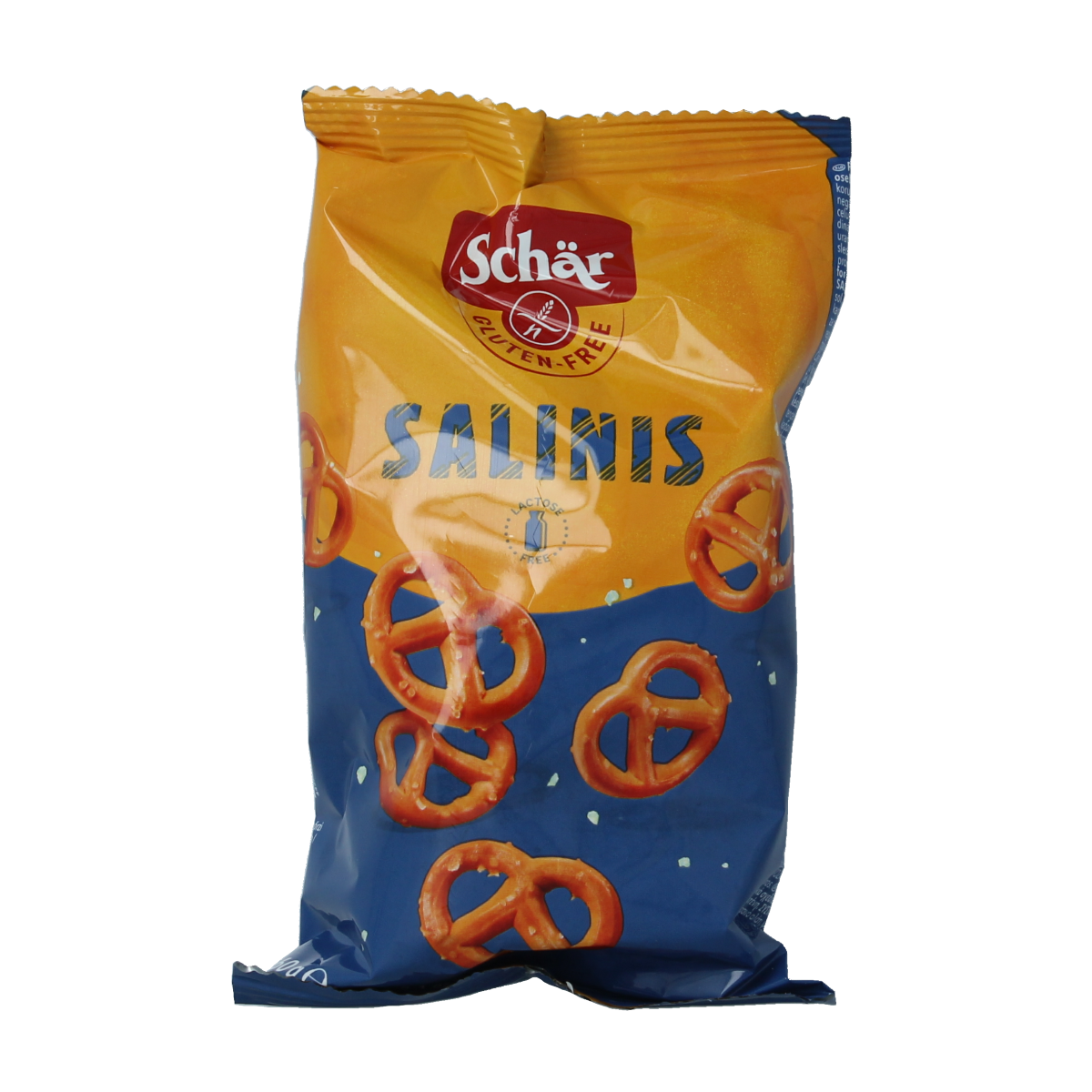 Schar Salinis gluten-free salty snacks in 60g packet, crispy chips and zoutjes with sea salt flavor.