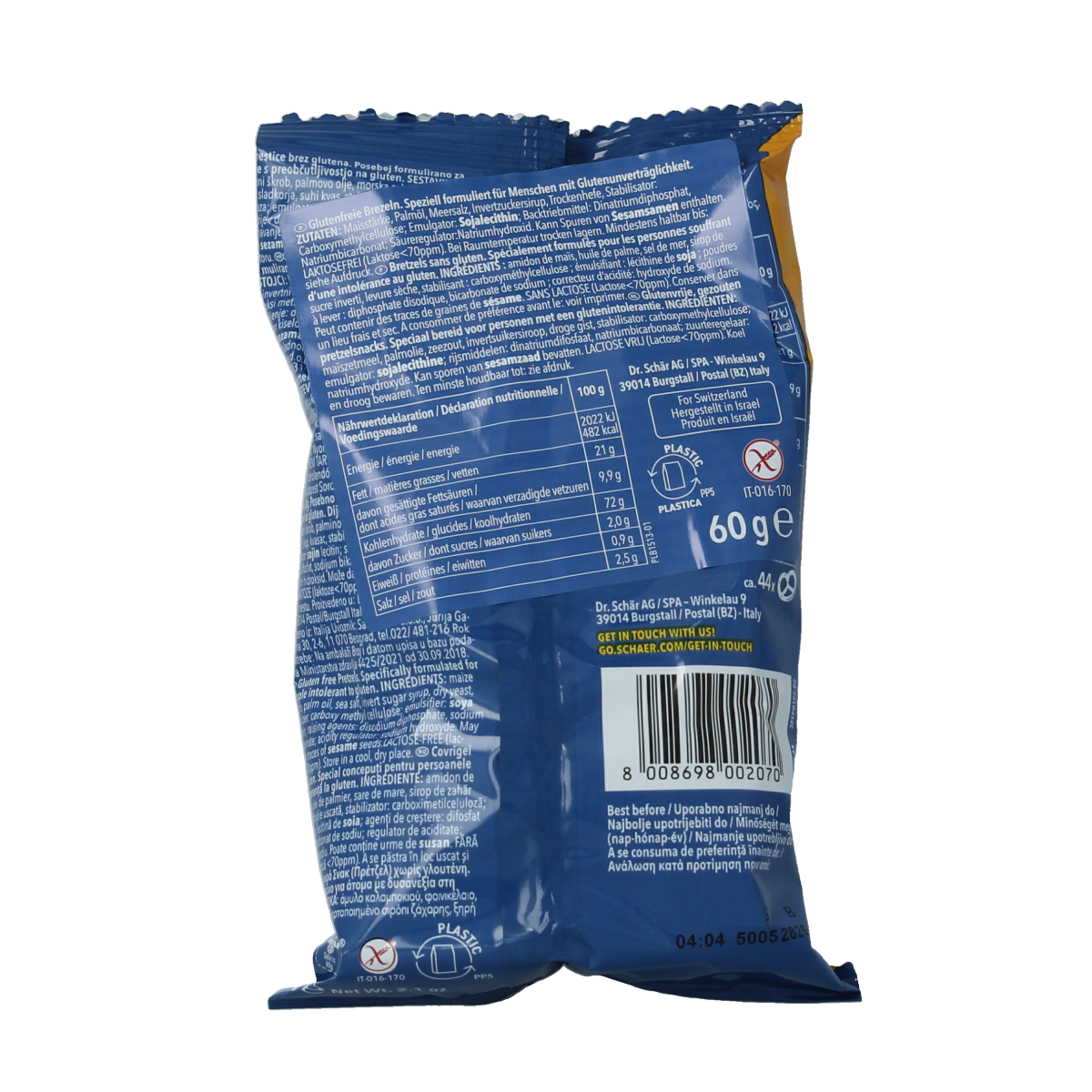 Schar Salinis gluten-free salty snack chips in a 60g bag, crispy and seasoned with salt, ideal for snack lovers.