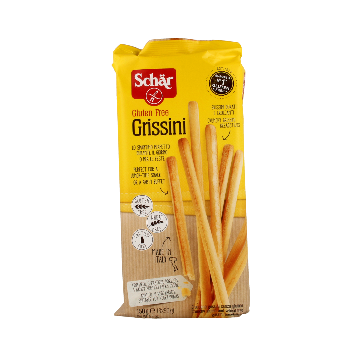 Schar gluten-free Grissini soepstengels in 150g package, crispy breadsticks with a golden-brown crust, ideal for snacking.
