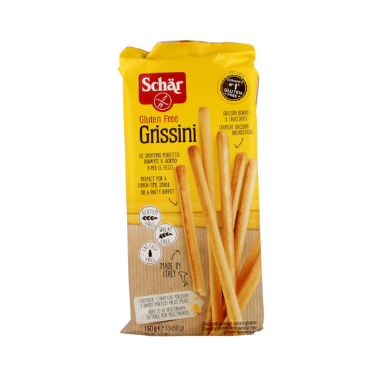 Schar gluten-free Grissini soepstengels in 150g package, crispy breadsticks with a golden-brown crust, ideal for snacking.
