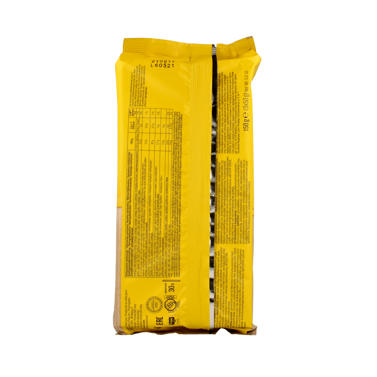 Schar gluten-free Grissini soepstengels in a clear bag, crispy breadsticks perfect for snacks or appetizers.