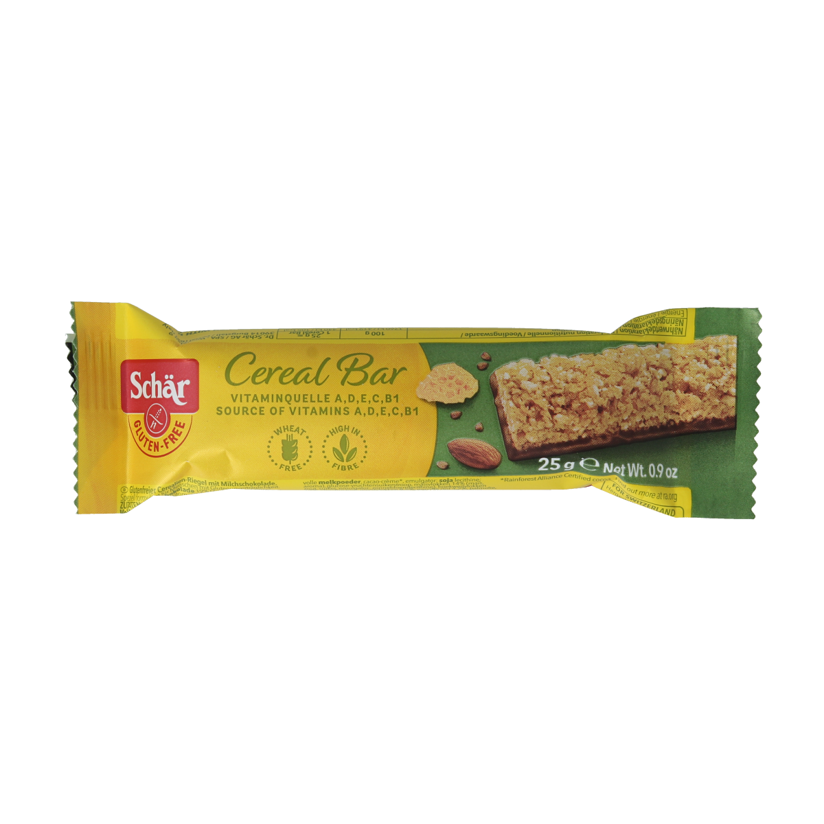 Schar gluten-free cereal bar snack, 25 grams, with crunchy texture and natural ingredients, suitable for gluten-sensitive diets.