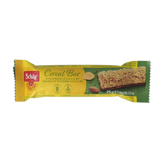 Schar gluten-free cereal bar snack, 25 grams, with crunchy texture and natural ingredients, suitable for gluten-sensitive diets.