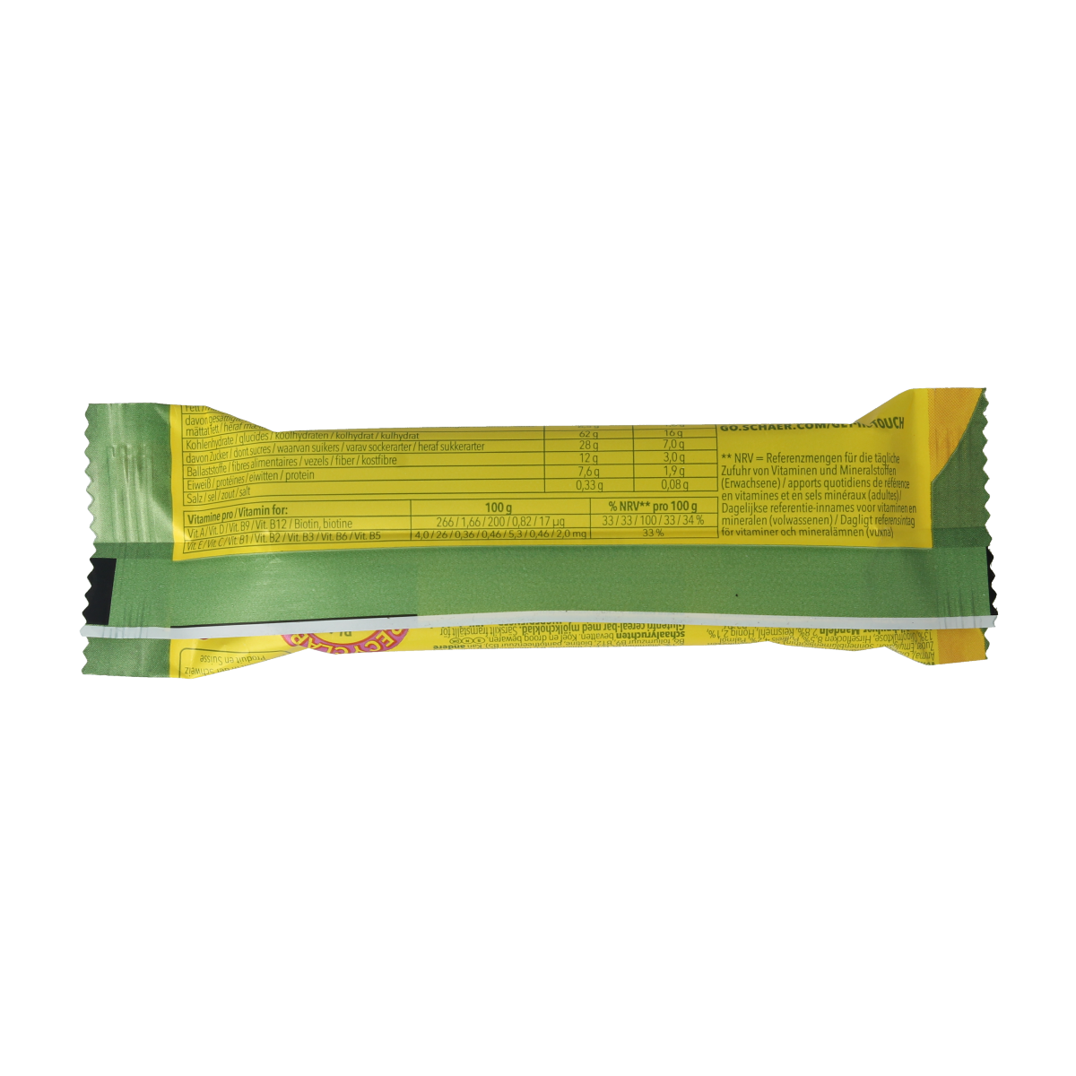 Schar gluten-free cereal bar snack, 25 grams, with visible grains and chocolate coating, in a clear wrapper.