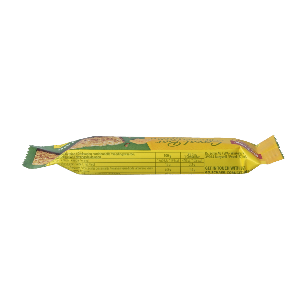Schar gluten-free cereal bar snack, 25 grams, with visible grains and a crunchy texture in a close-up shot.