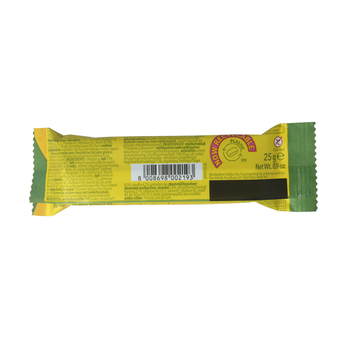 Schar glutenvrije cereal bar snack with 25g serving, featuring a crunchy texture and grainy appearance.