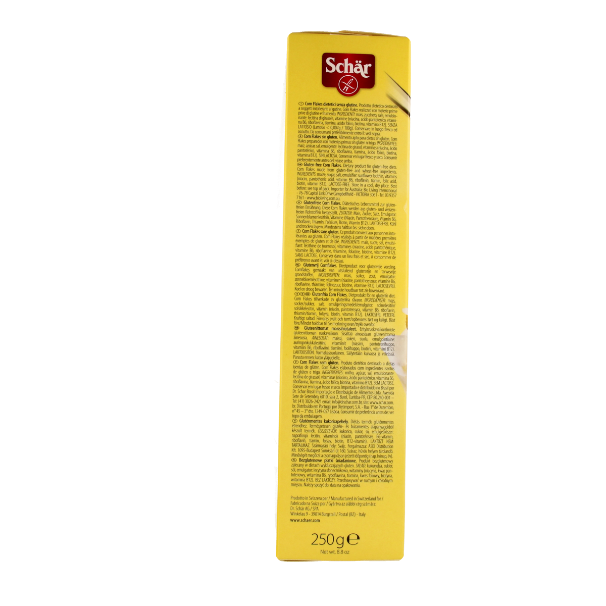 Gluten-free Schar Cornflakes breakfast cereal in a 250g package, showing golden cornflakes in a bowl.