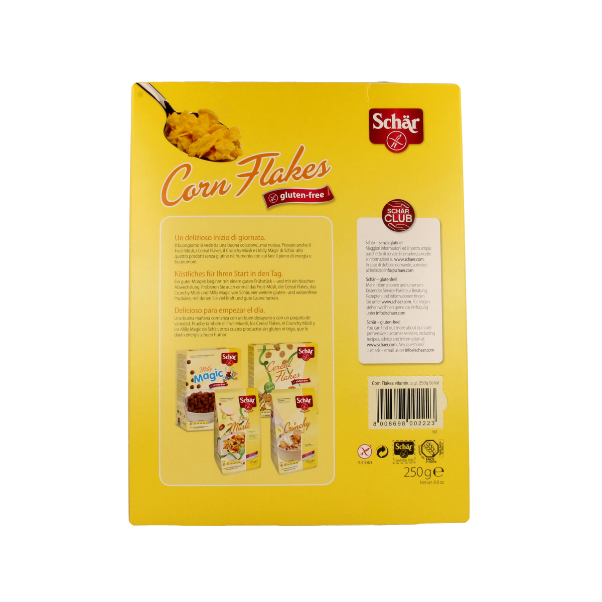Gluten-free Schar Cornflakes breakfast cereal in a 250g package, showing the crispy cornflakes in a bowl.