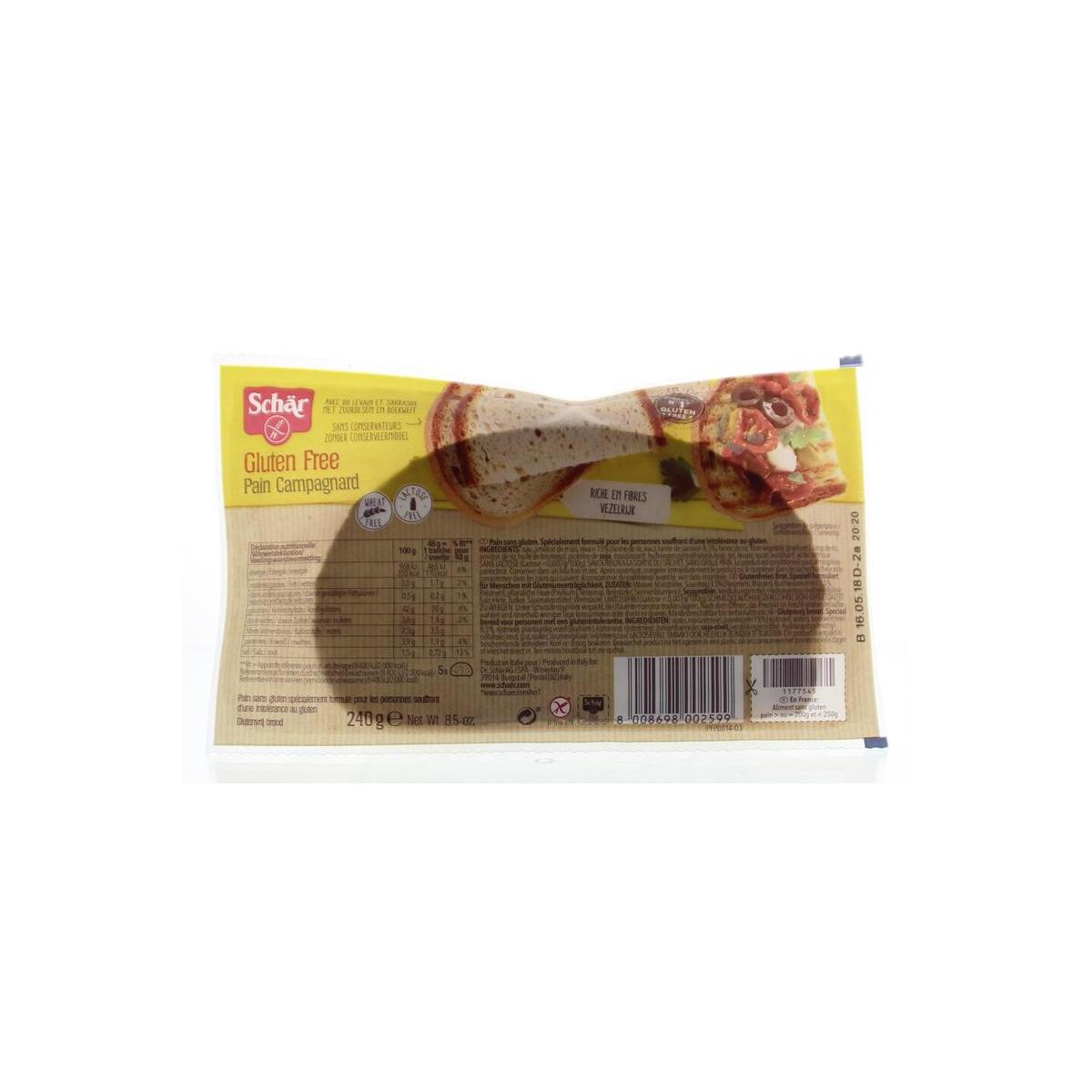 Schar Pain Campagnard gluten-free bread loaf sliced, 240 grams, with a crusty golden exterior and soft interior.