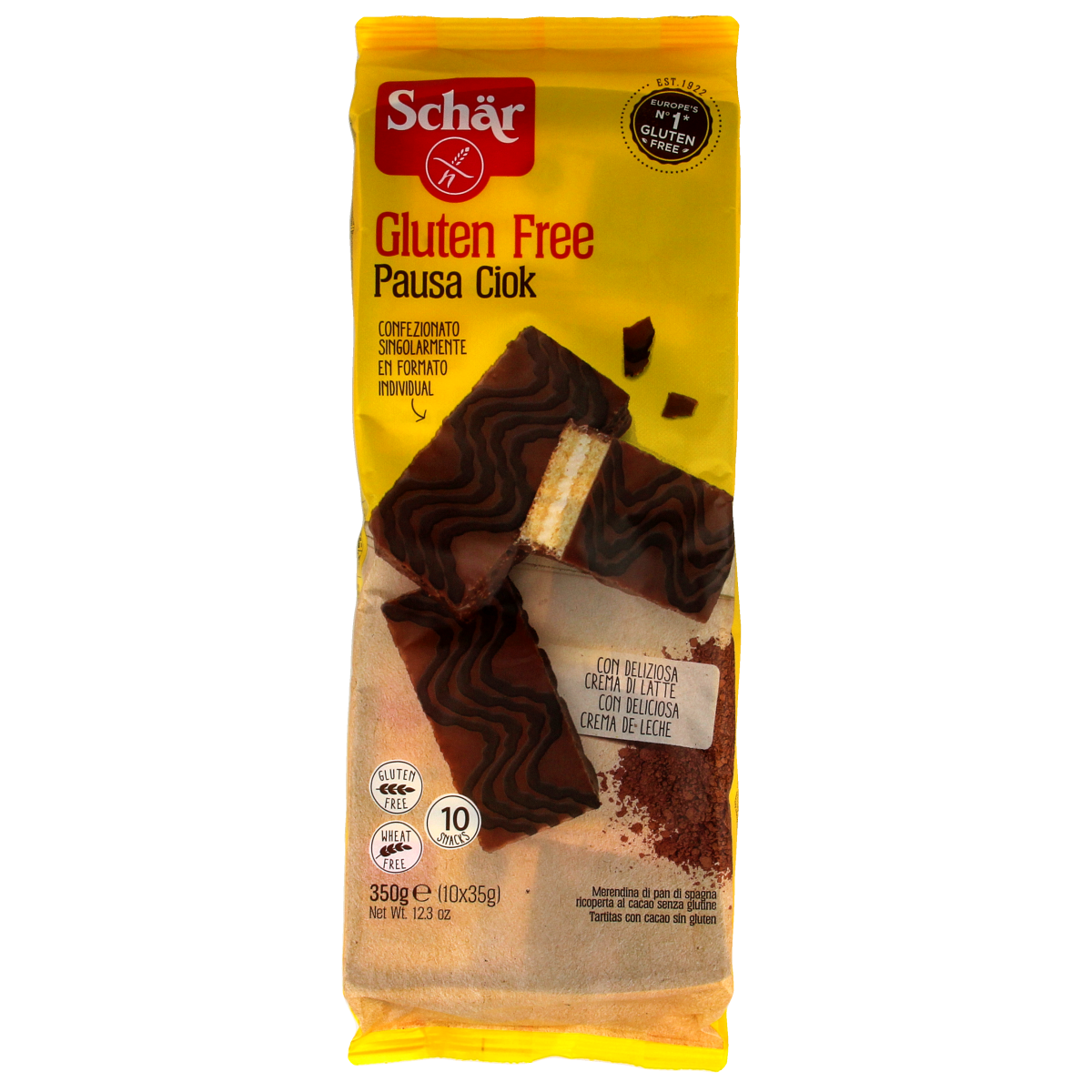 Schar Pausa gluten-free chocolate snacks in 350g pack, showing individual chocolate pieces in a clear snack package.