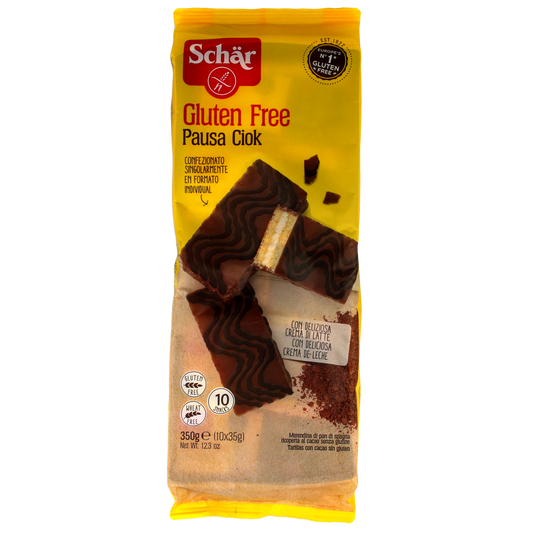 Schar Pausa gluten-free chocolate snacks in 350g pack, showing individual chocolate pieces in a clear snack package.