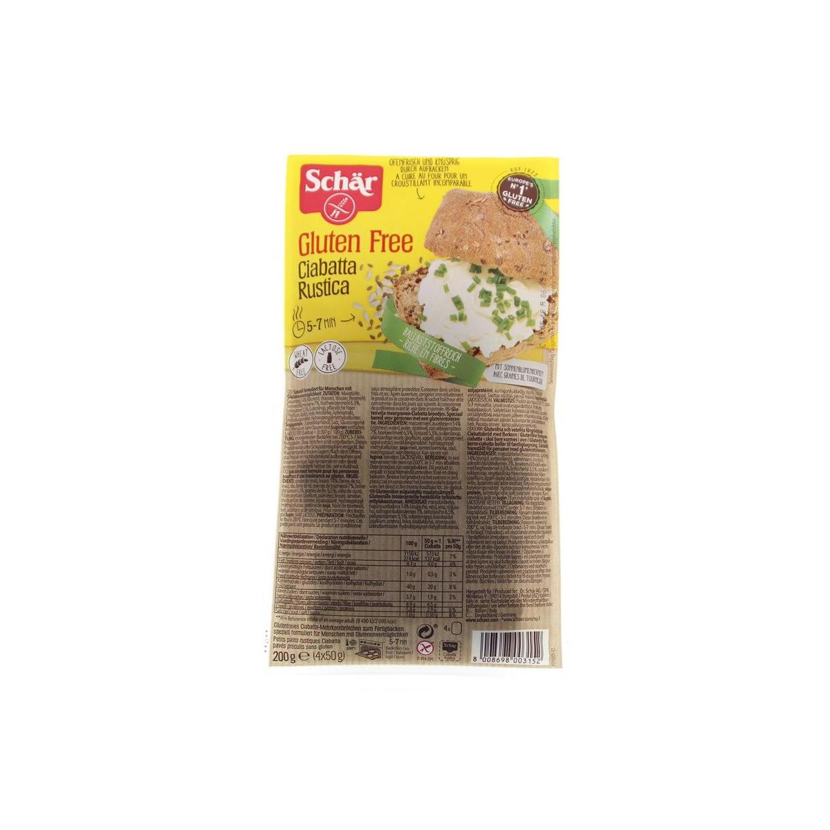 Schar Ciabatta rustica glutenvrij, 4-pack of gluten-free bread loaves, fresh and crusty with rustic texture.