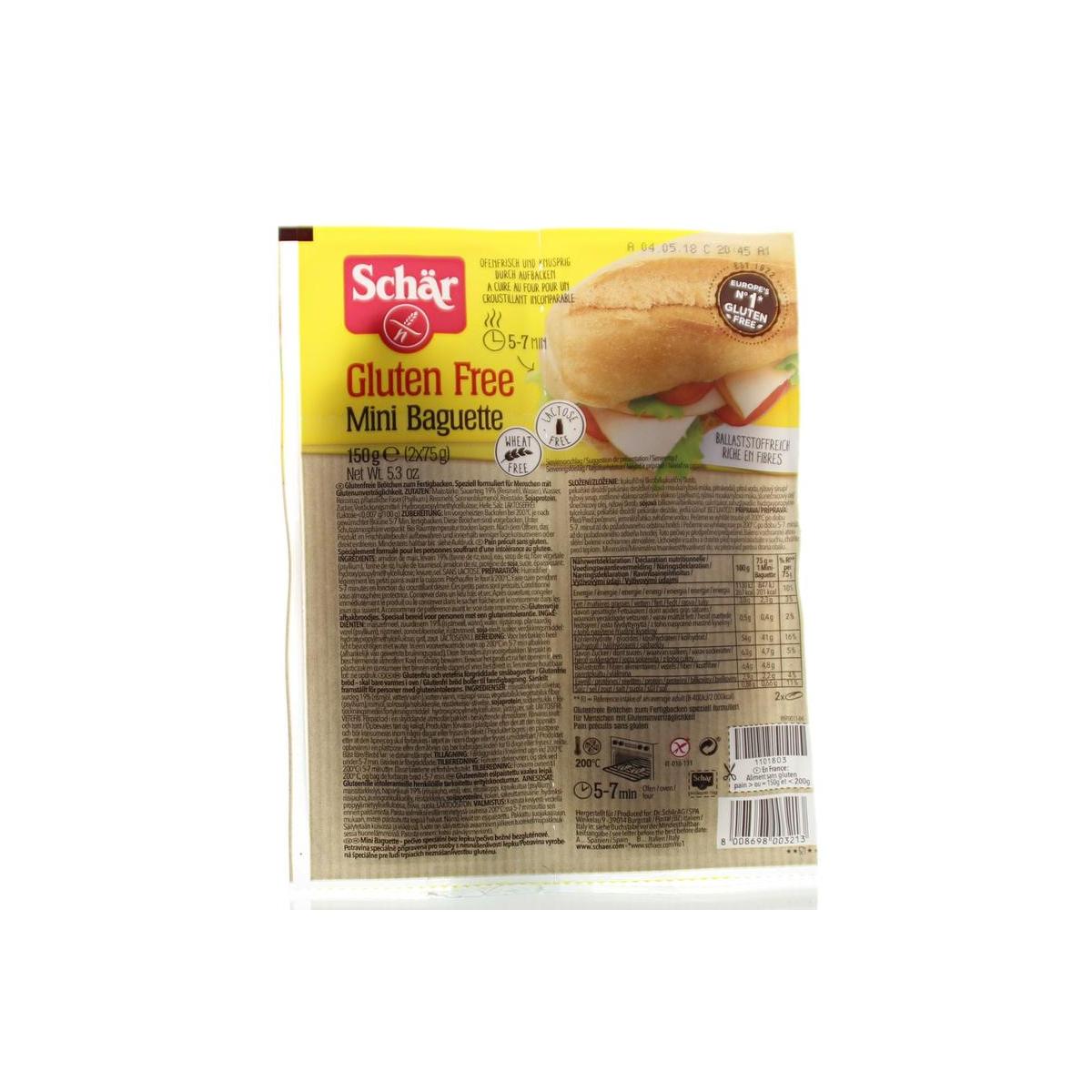 Schar gluten-free mini baguettes, two fresh crusty bread loaves, 150g, ideal for sandwiches or snacks.