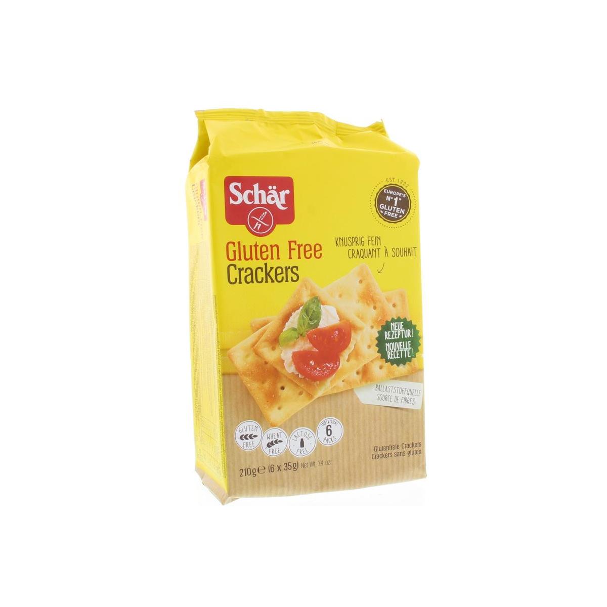 Schar glutenvrije crackers in a 210g package, crispy gluten-free bread and cracker option, shown in a clear package.