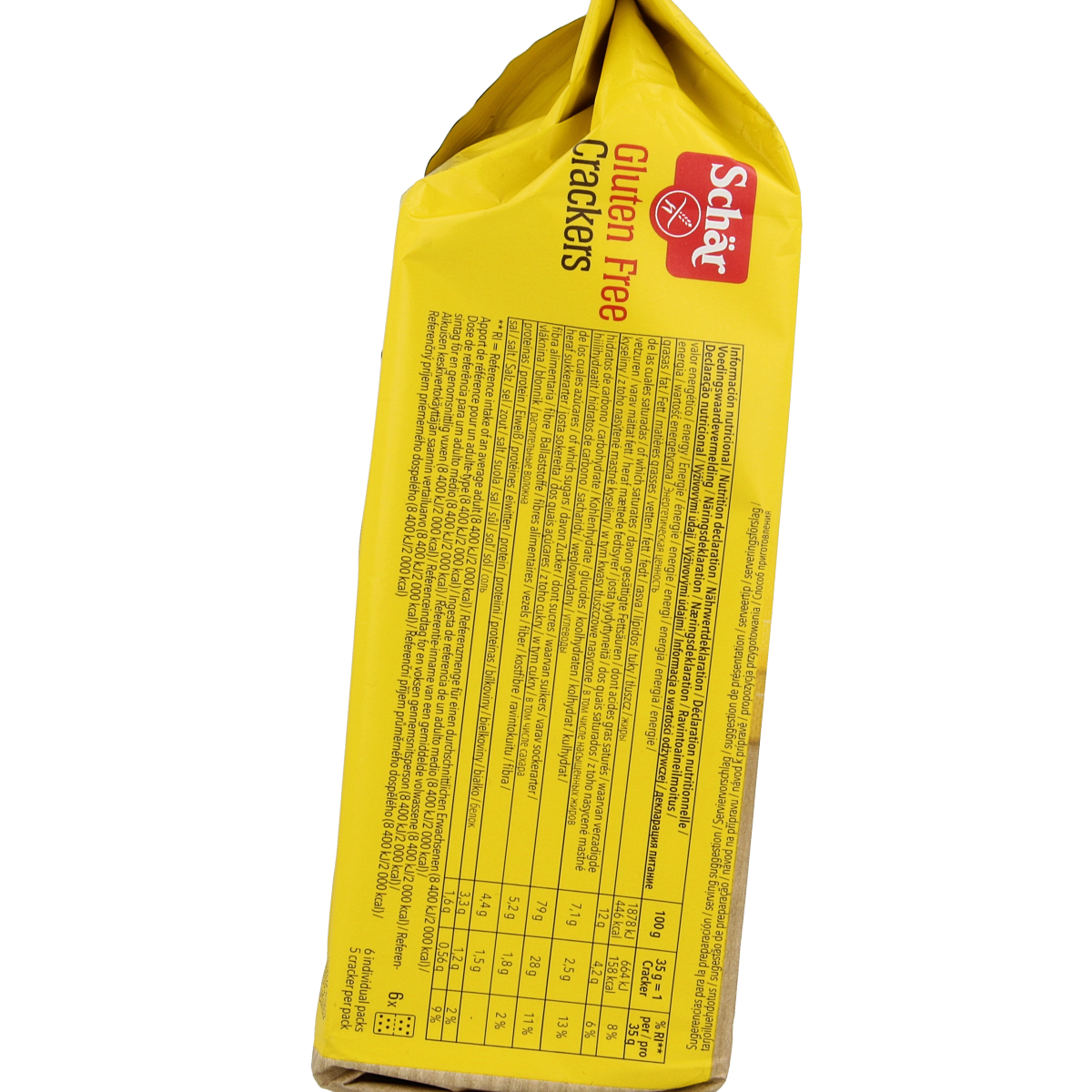 Schar glutenvrije crackers in 210g package, showing golden-brown crispy gluten-free bread and cracker slices.