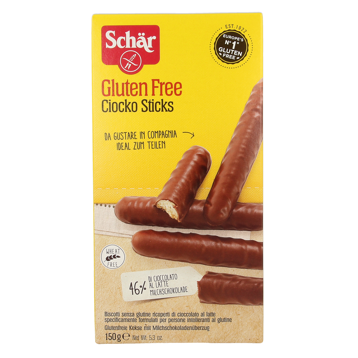 Schar gluten-free Ciocko sticks in a 150g package, showing crunchy chocolate-coated cookies arranged on a white surface.