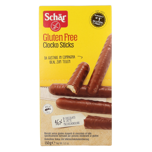 Schar gluten-free Ciocko sticks in a 150g package, showing crunchy chocolate-coated cookies arranged on a white surface.
